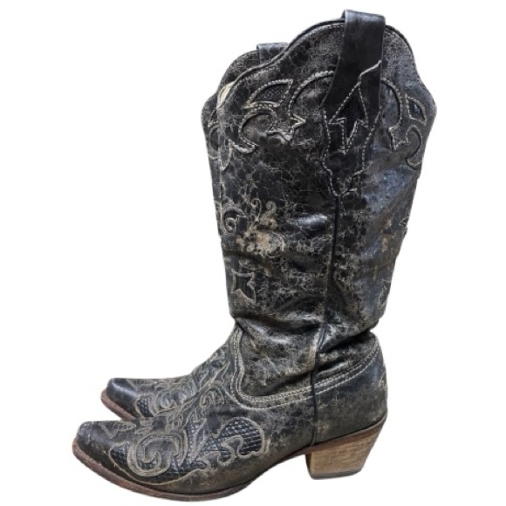 Corral Women's Black Vintage Crackled Embroidered Cowboy Boots Size 9.5